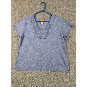 Ruby Rd Top Women Large Blue Excellent Floral Embroidery Beaded V-Neck Shirt